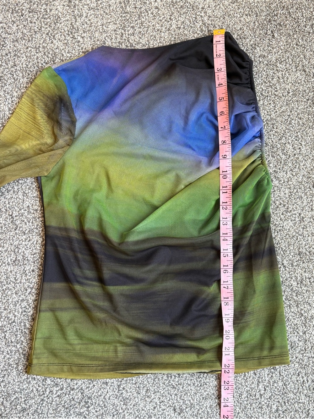 Zara Tulle Printed Asymmetric Top One Sheer Sleeve Green Black Blue Size Large - Picture 7 of 9